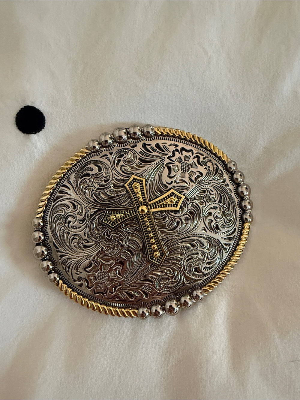 Ornate Silver & Gold Cross Western Belt Buckle